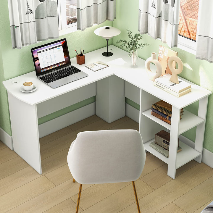 Giantex L Shaped Computer Desk, 51" Large Corner Desk with 2 Cable Holes & 2 Storage Shelves, White