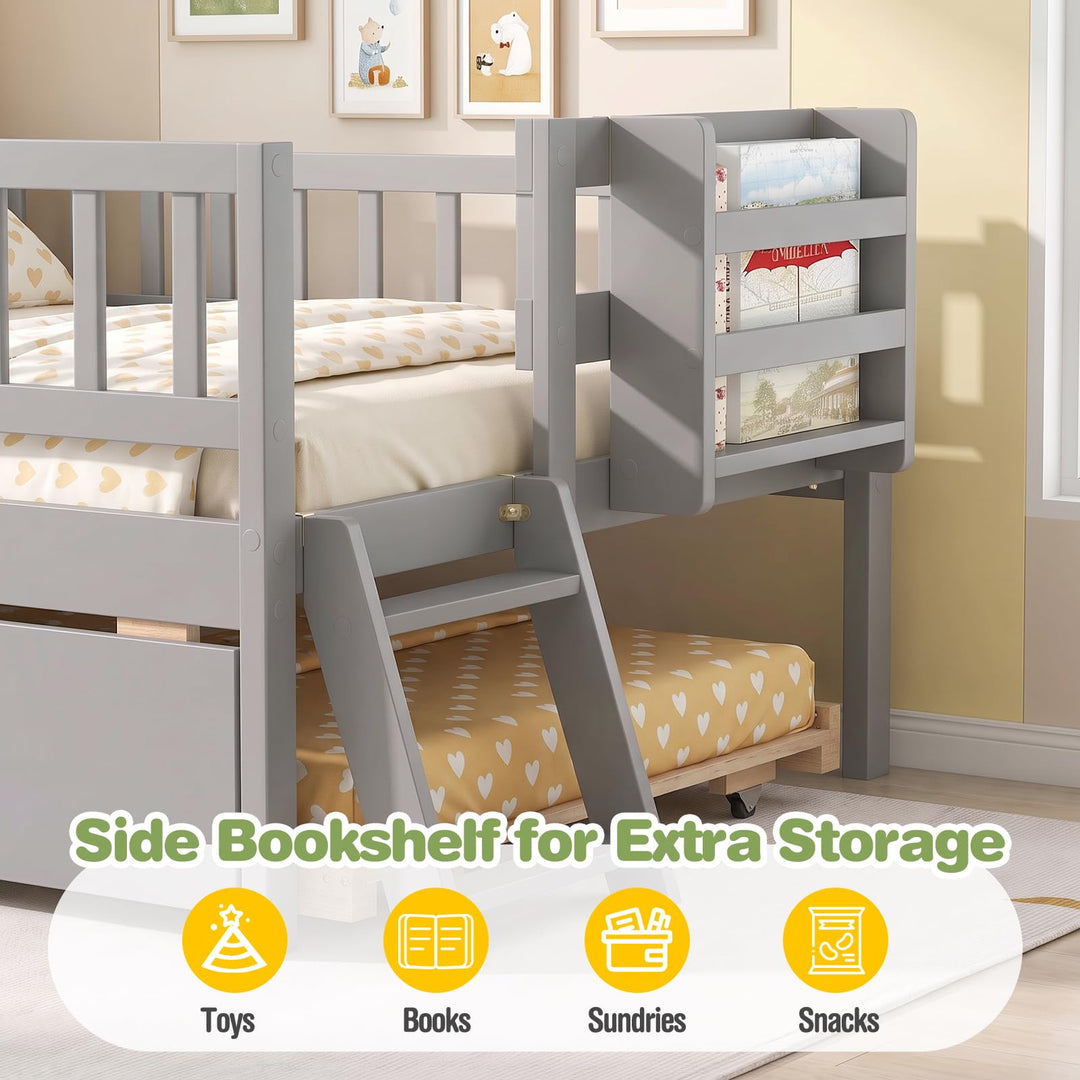 GIANTEX Trundle Bed Twin Size with Bookshelf | 2-Step Ladder for Kids