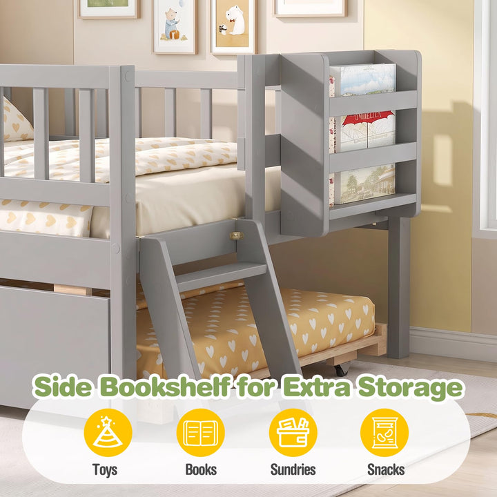 GIANTEX Trundle Bed Twin Size with Bookshelf | 2-Step Ladder for Kids