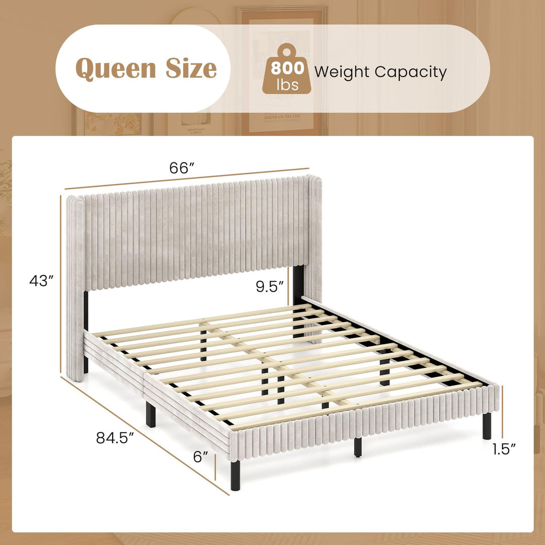 Giantex Queen Velvet Bed Frame Upholstered Platform Bed with Vertical Tufted Wingback Headboard