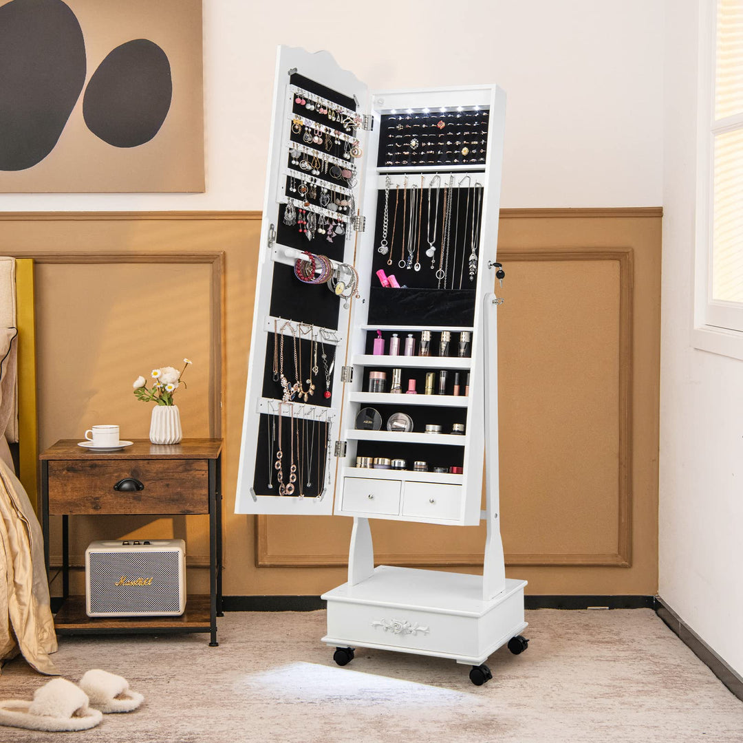 CHARMAID 6 LEDs Rolling Jewelry Cabinet with High Full Length Mirror, Lockable Standing Jewelry Armoire with Wheels