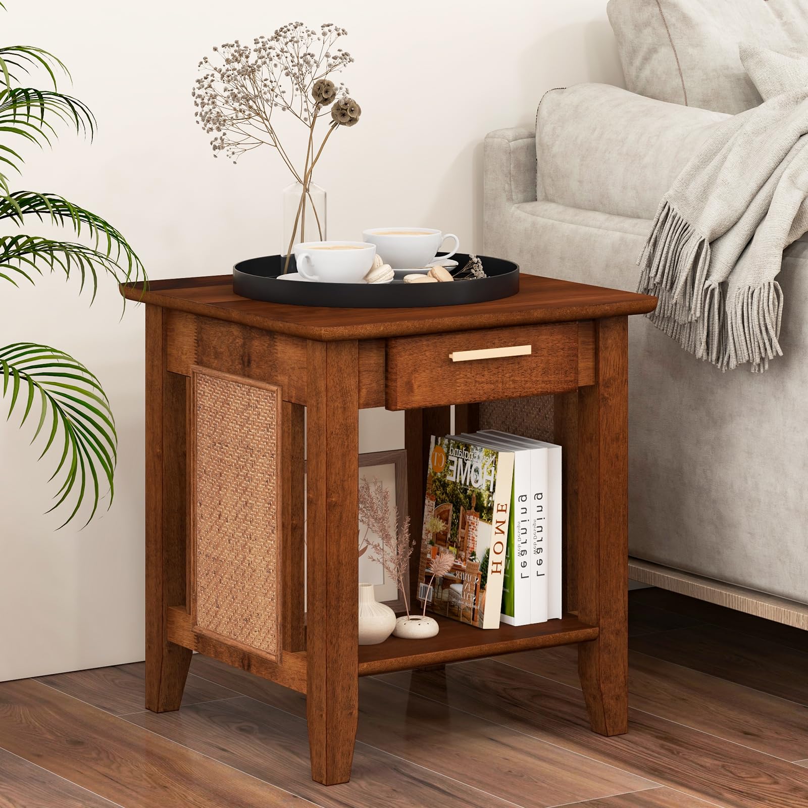 Giantex Rattan Nightstand with Drawer, Mid Century End Table with Storage Shelf, Sofa Side Table with Solid Rubber Wood Legs