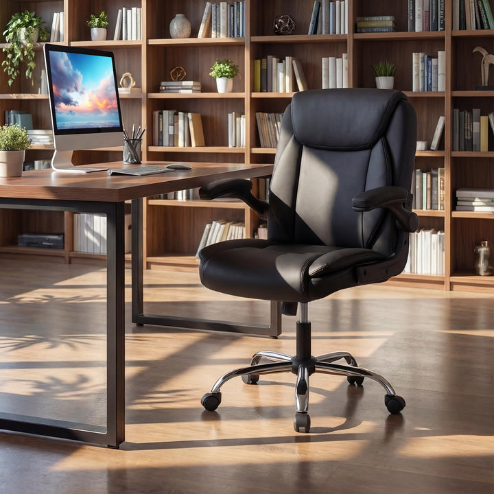 Giantex Leather Office Chair | Ergonomic Computer Desk Chair with Flip-up Arms