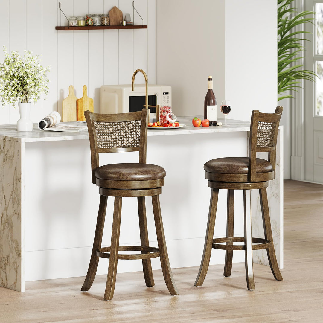 Giantex 30" Bar Height Bar Chairs with PE Rattan Backrest Upholstered Leathaire Barstools