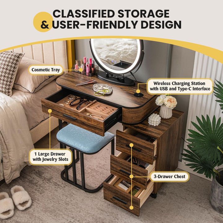 CHARMAID Makeup Vanity Table with Lights, Vanity Desk with 3 Color Lighted Mirror, Rustic Brown