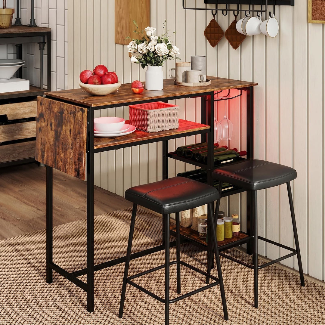 55" Drop-Leaf Counter Height Bar Table with LED Light and Remote Control for Small Space