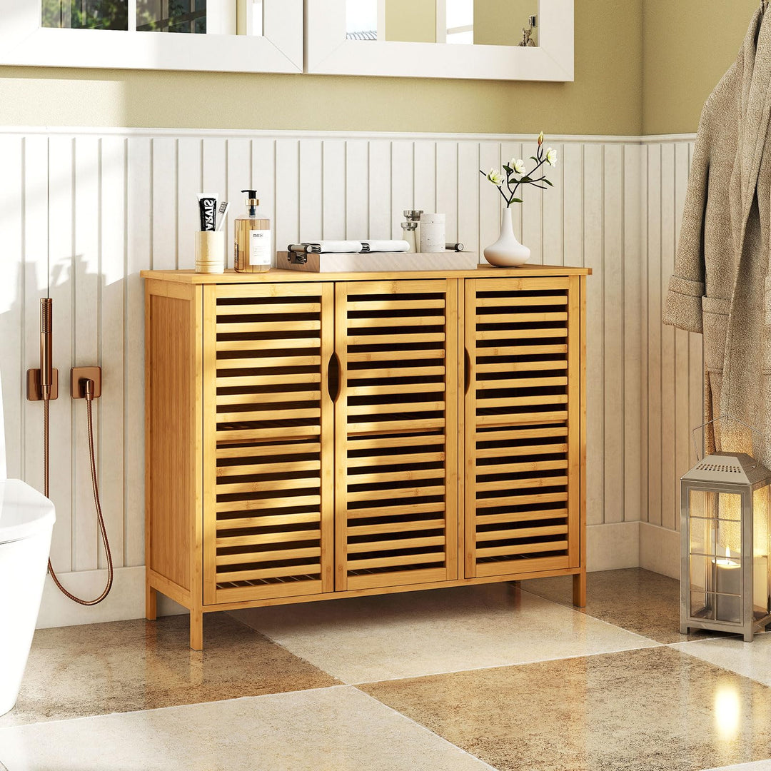 Giantex Bamboo Bathroom Storage Cabinet 3-Door Storage Organizer with Shelves