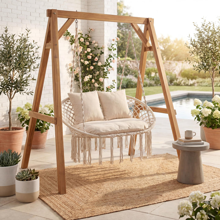 Giantex Boho Macrame Double Hammock Chair with Cushions