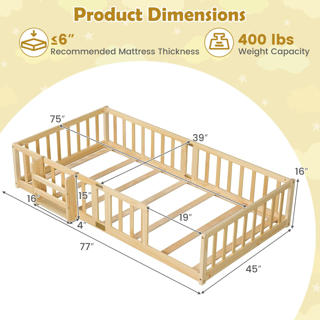GIANTEX Twin Solid Wood Floor Bed for Kids | Montessori Bed with Bedside Bookshelf