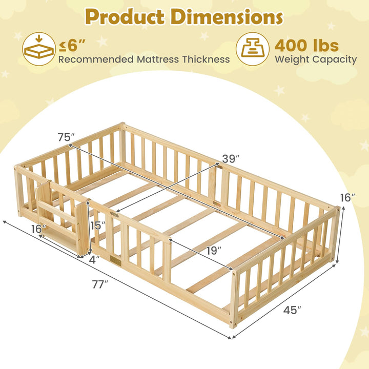 GIANTEX Twin Solid Wood Floor Bed for Kids | Montessori Bed with Bedside Bookshelf