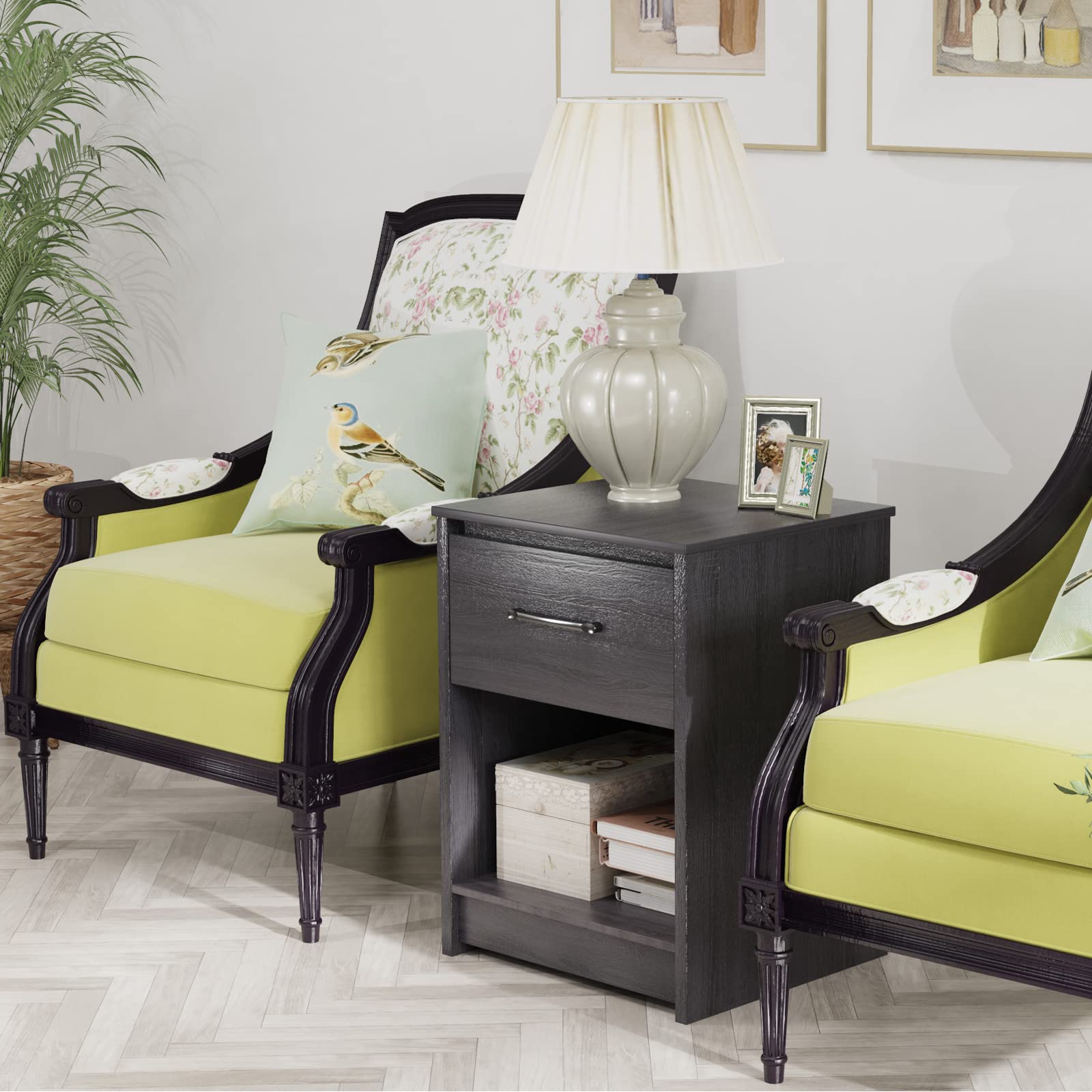 Nightstand w/Drawer, Wooden End Table w/Open Storage Compartment