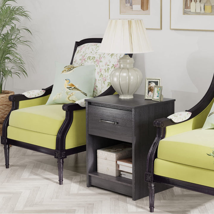 Nightstand w/Drawer, Wooden End Table w/Open Storage Compartment