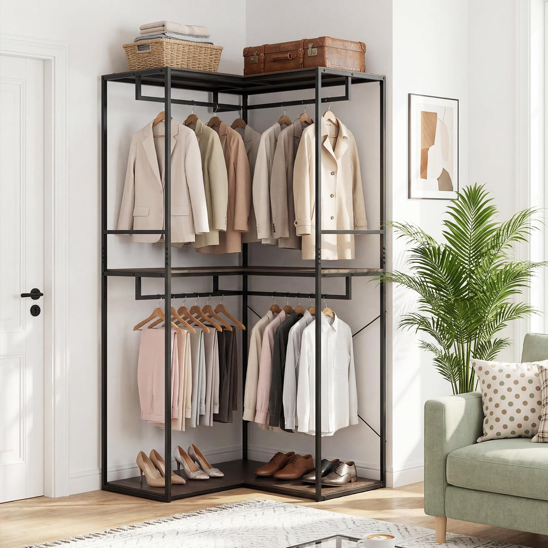 Giantex Heavy Duty Clothes Rack | 3-Tier L-Shaped Garment Rack w/3 Open Shelves &amp; 2 Hanging Racks