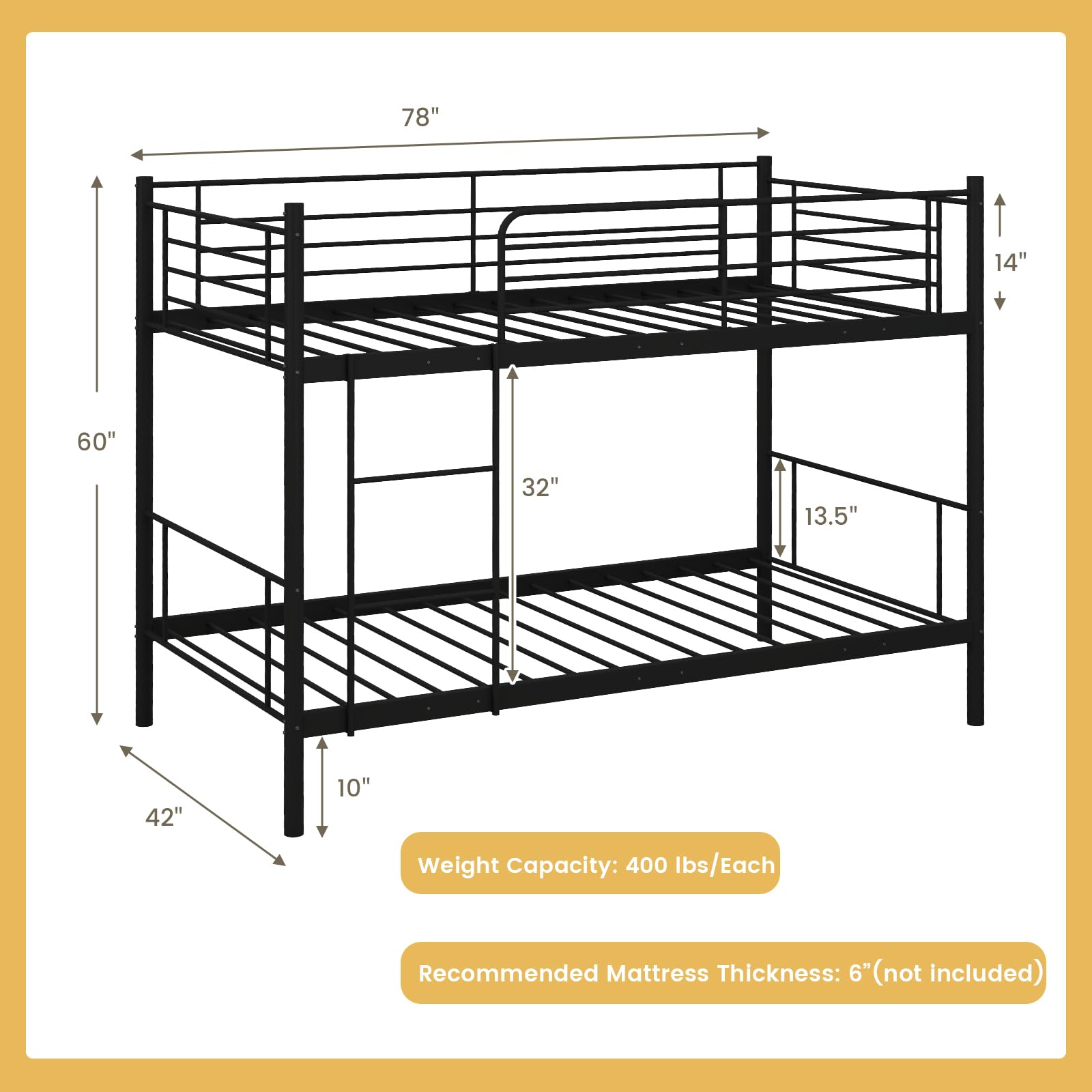 Giantex Bunk Bed Twin Over Twin, Metal Bunk Bed Frame w/Built-in Ladder, Safety Guardrail