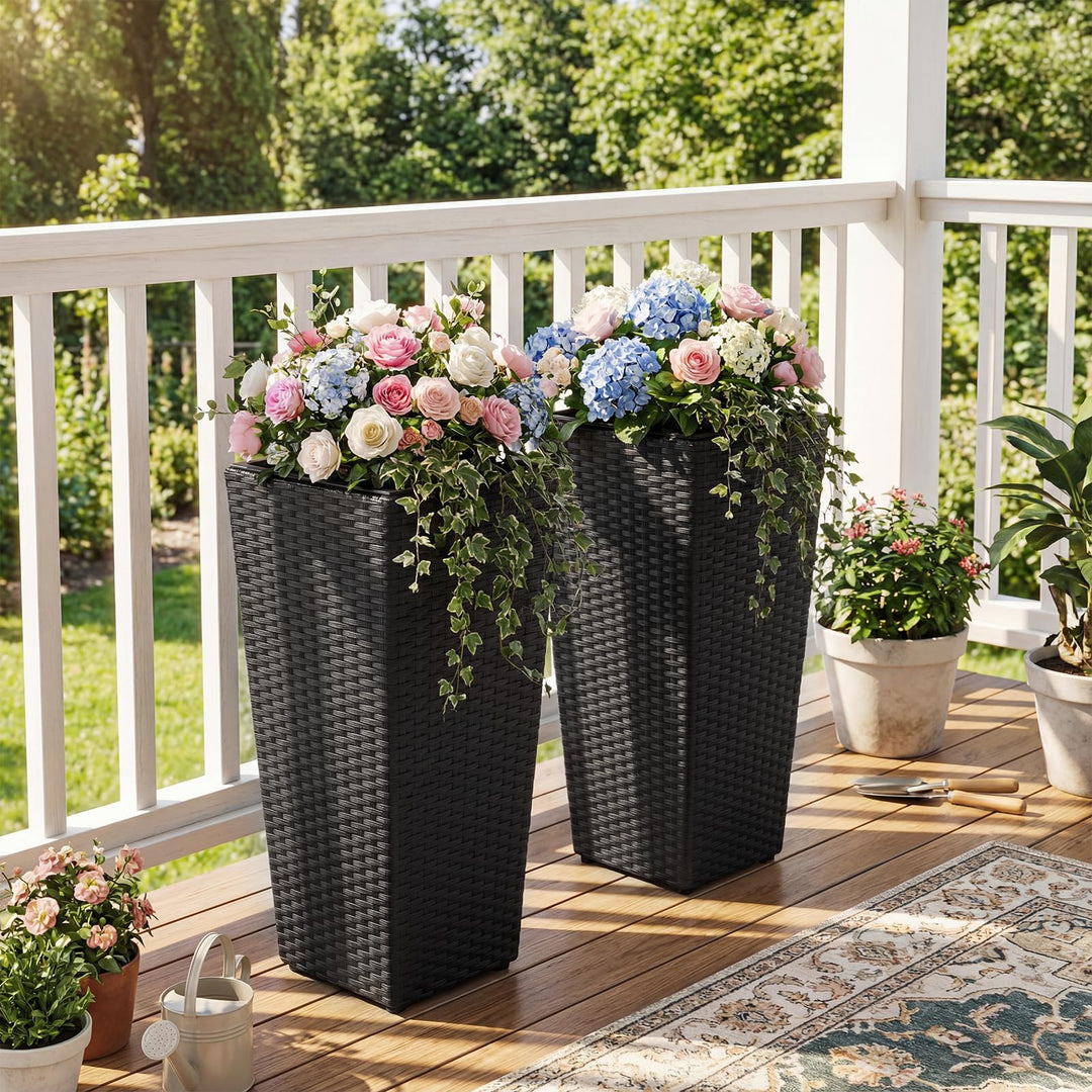 Giantex Set of 2 Rattan Tall Plant Pots with Detachable Plastic Liners