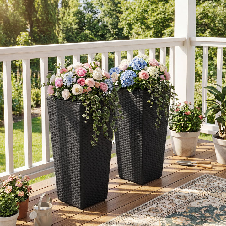 Giantex Set of 2 Rattan Tall Plant Pots with Detachable Plastic Liners