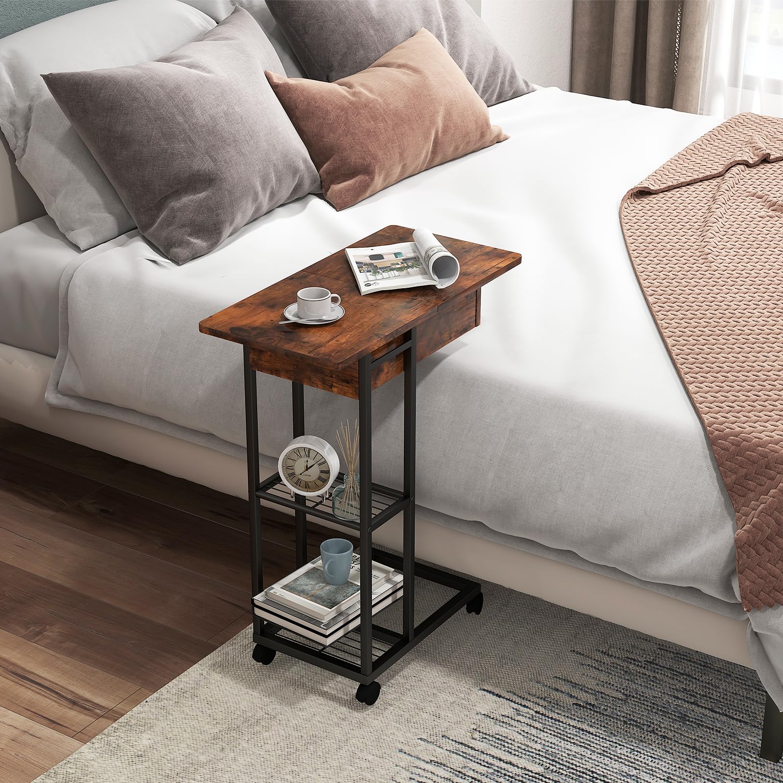 Giantex C-Shaped End Table with Charging Station Set