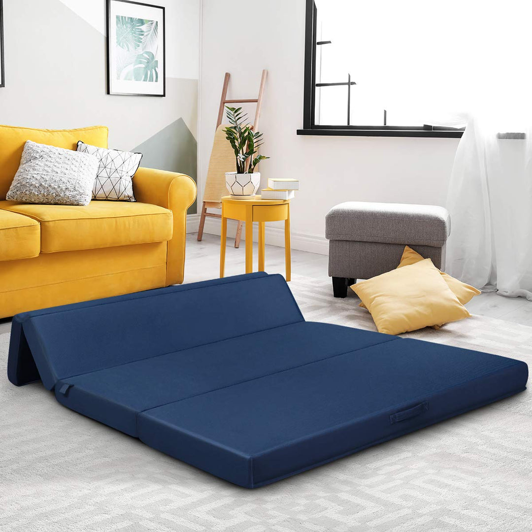4" Thick Folding Portable Mattress Pad Sofa Bed with No Carrying Handles and Removable Washable Fabric Queen Blue