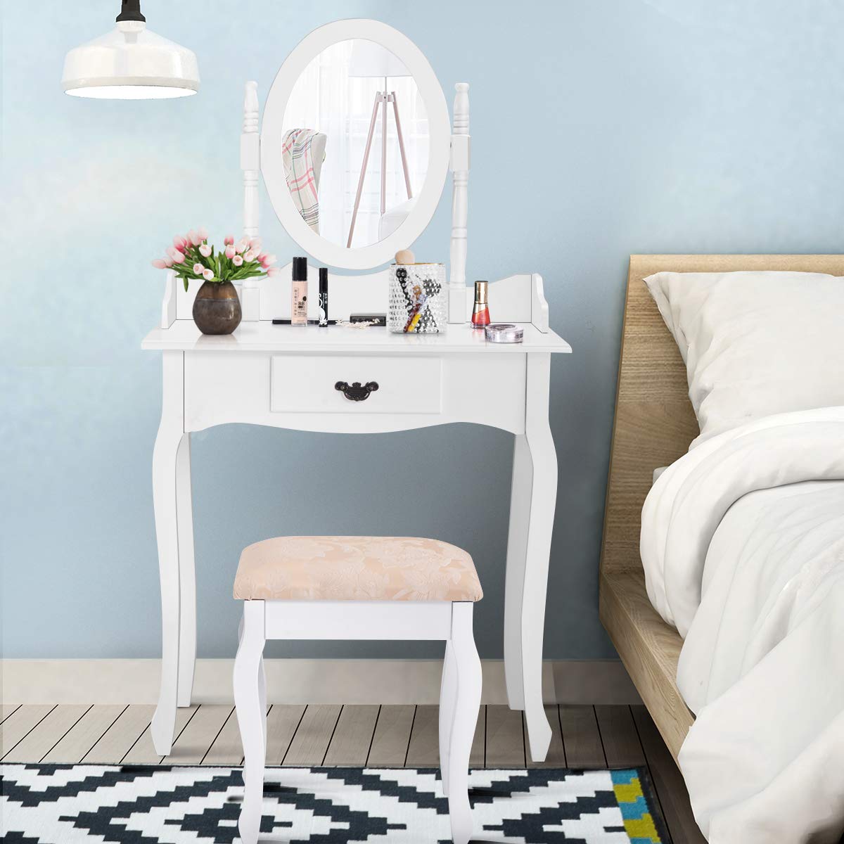 Giantex Bathroom Vanity Table Set w/Mirror Cushioned Stool Makeup Dressing Table Set