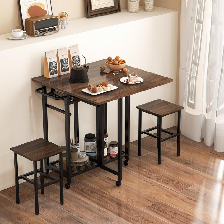 Giantex 3-Piece Foldable Dining Table Set, Extendable Dining Table & 2 Stools Set w/ 6-Bottle Wine Rack