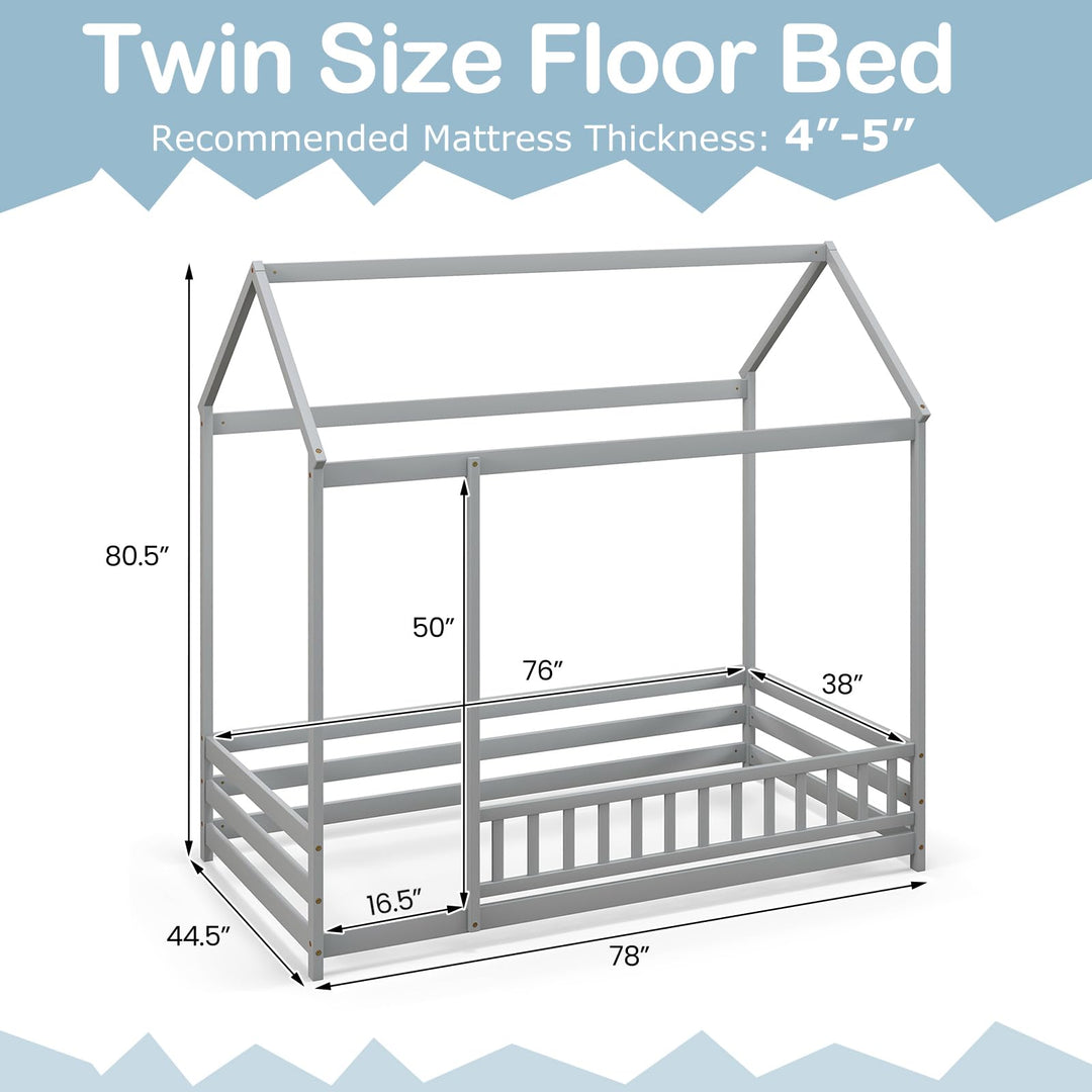 Giantex Twin Floor Bed with Fence, Wood Montessori Bed with Safety Guardrails and 80.5" High Roof Design