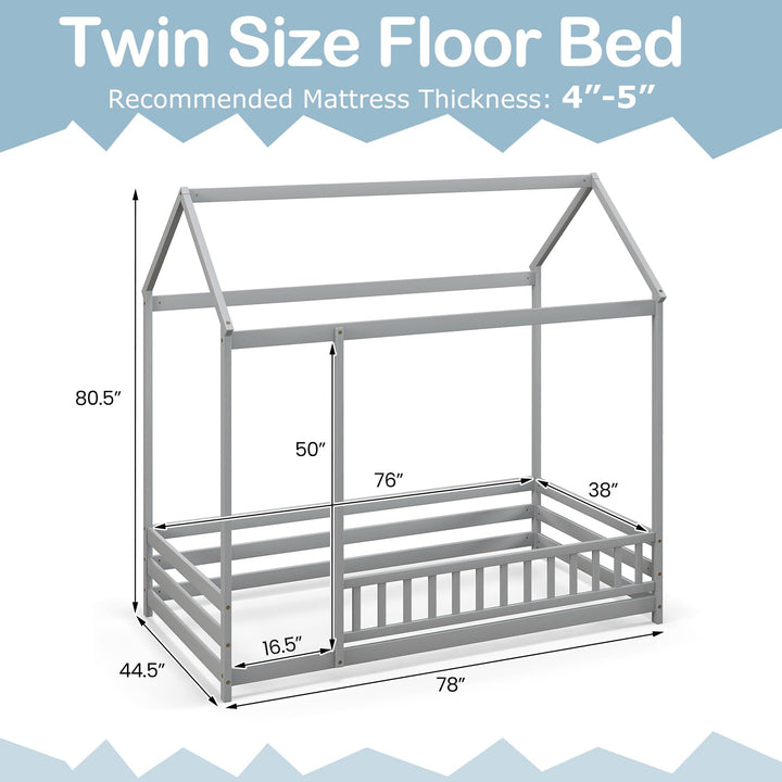 Giantex Twin Floor Bed with Fence, Wood Montessori Bed with Safety Guardrails and 80.5" High Roof Design