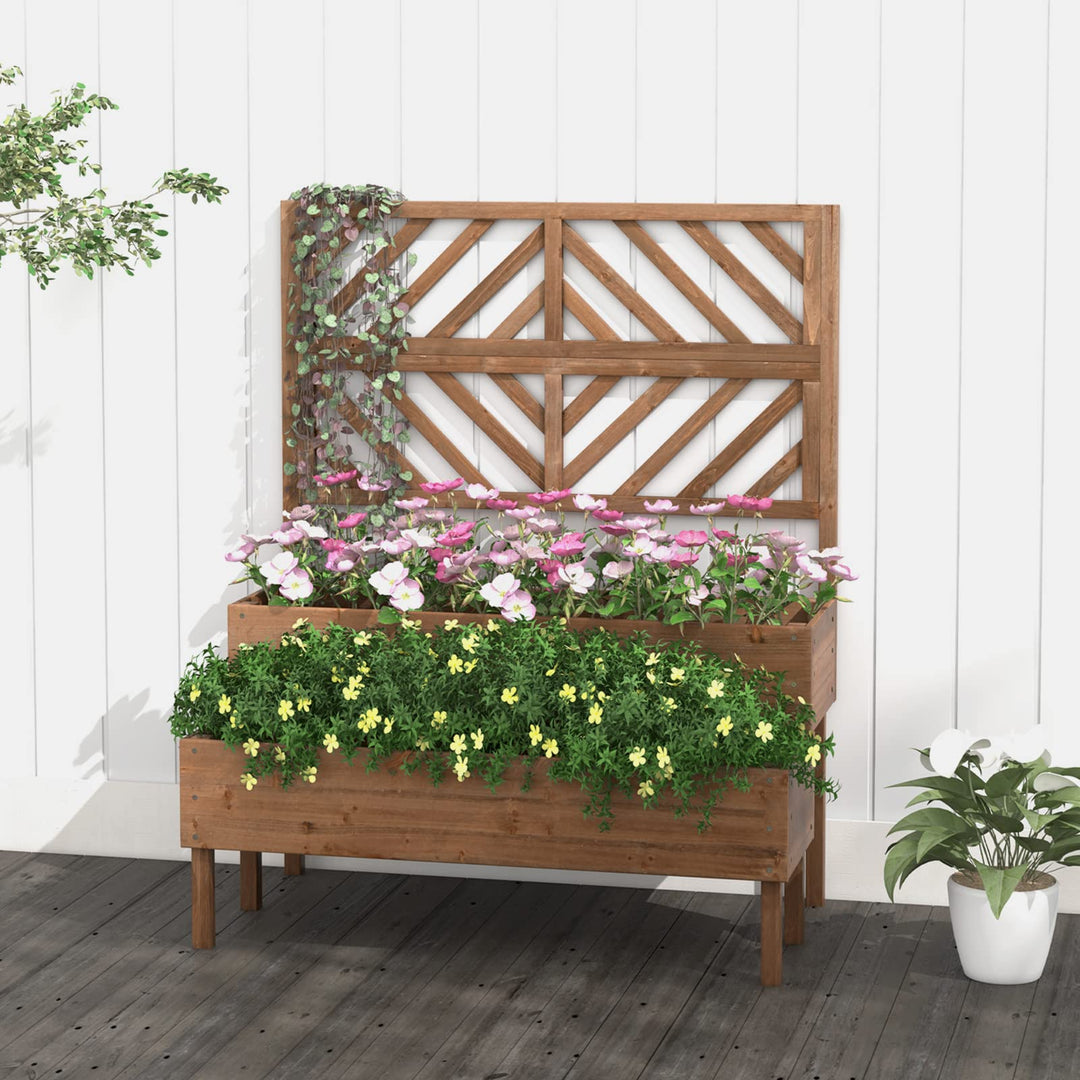lowes planter box with trellis Giantex Raised Garden Bed with Trellis, 2-Tier Wooden Planter Box with Legs and Drain Holes (Brown)