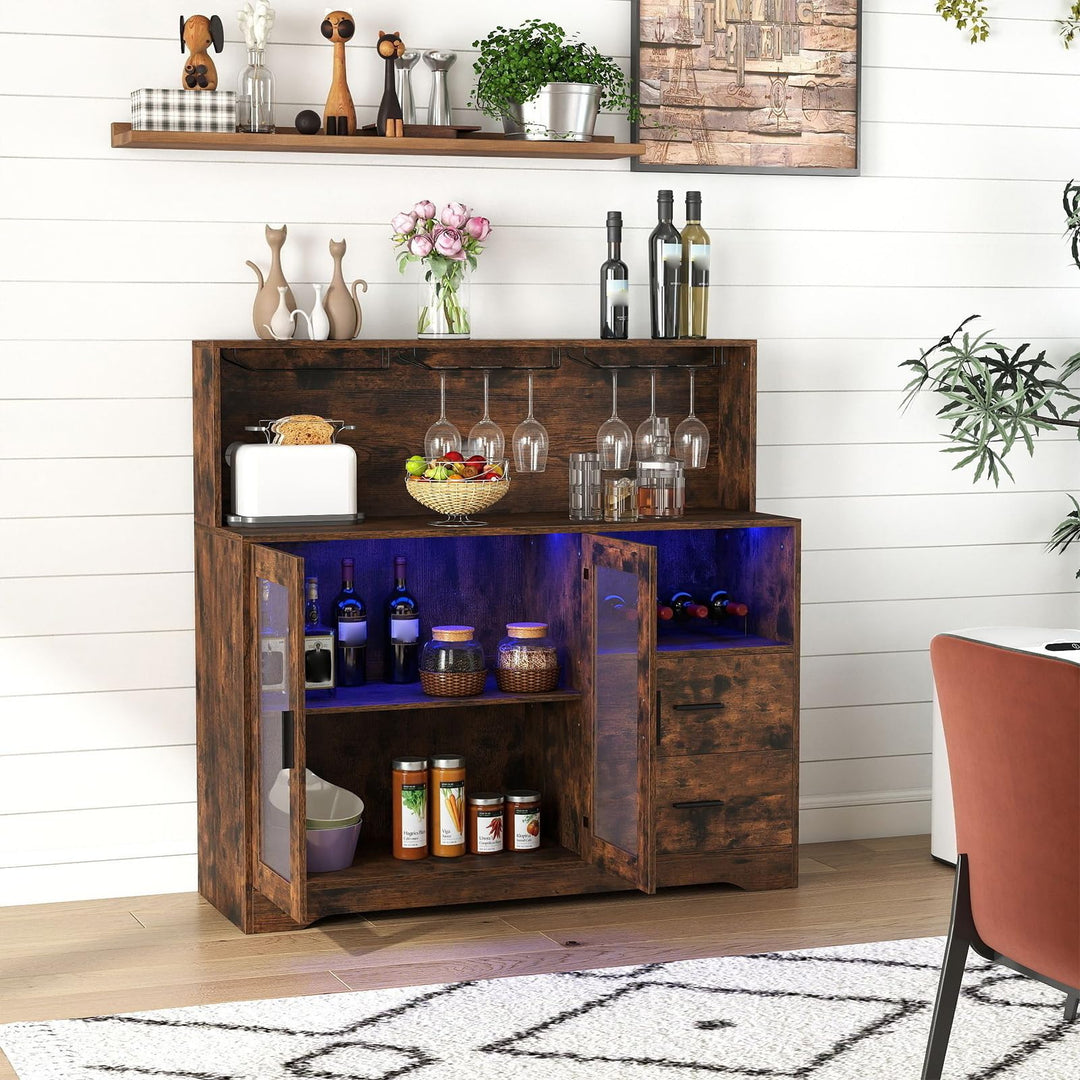 GIANTEX Wine Bar Cabinet with LED Lights &amp; Charging Station