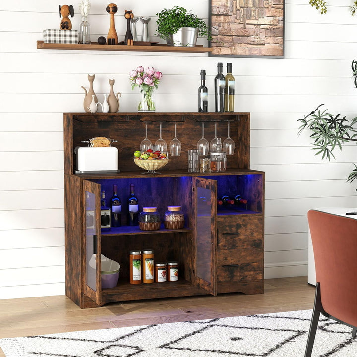 GIANTEX Wine Bar Cabinet with LED Lights &amp; Charging Station