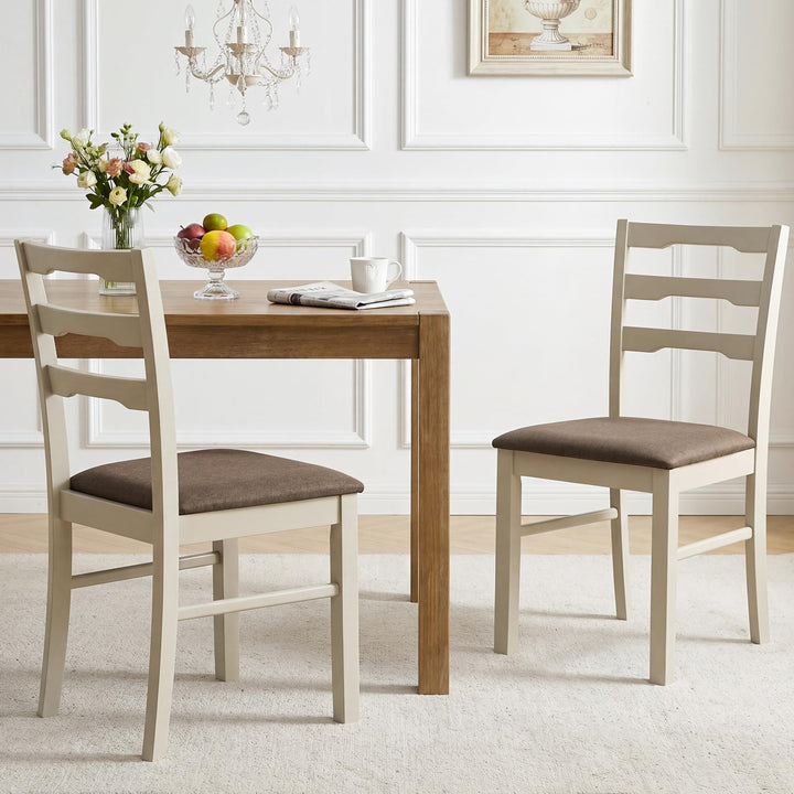 Giantex Wood Farmhouse Upholstered Kitchen Chairs with Ladder Back Design (2/4)