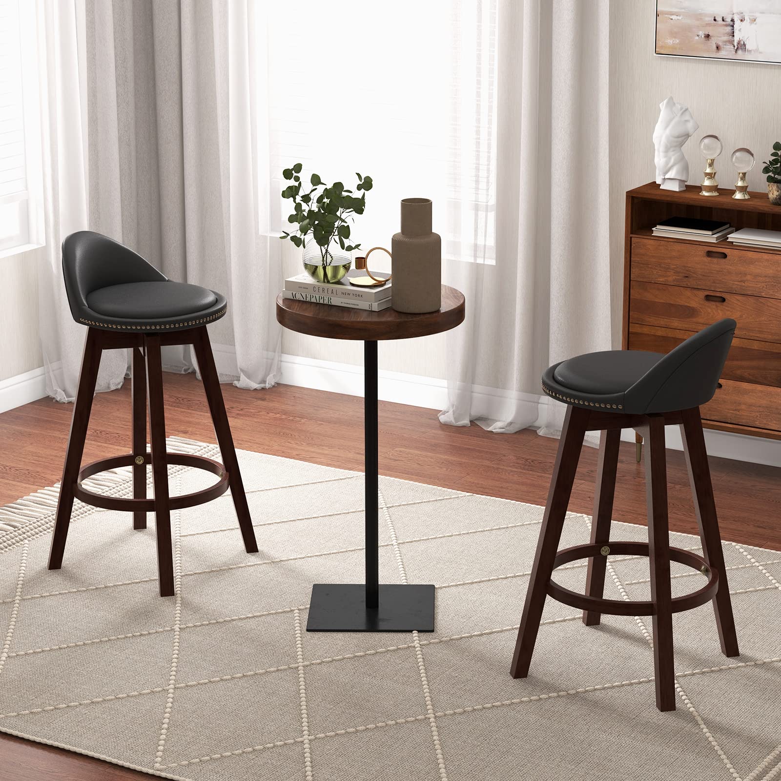 Giantex Swivel Bar Stools Set of 2, 34.5 in Counter Height Stools with PVC Leather Cover, Rubber Wood Legs
