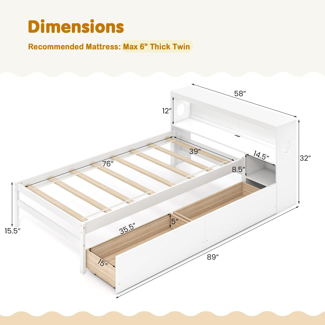 Giantex Wood Twin Bed Frame with Storage Drawer & Headboard, Modern Platform Bed with Charging Station & LED Light