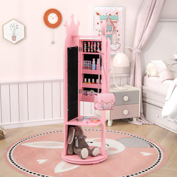 CHARMAID Kids Mirror Jewelry Cabinet - 360° Swivel Jewelry Armoire with Full Length Mirror