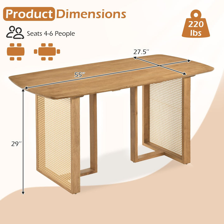 GIANTEX 55" Solid Rubber Wood Dining Table for 4-6 with Rattan Pedestal
