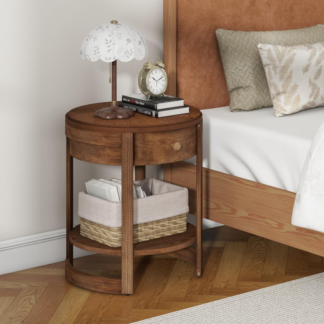 Giantex Round Side Tables Set of 1/2, 2-Tier Retro End Tables with Drawer & Shelf
