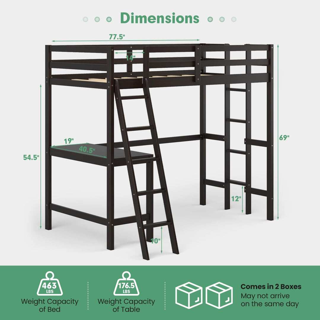 Giantex Twin Size Loft Bed with Desk, Solid Wood Loft Bed with 2 Ladders & Full Length Guardrail