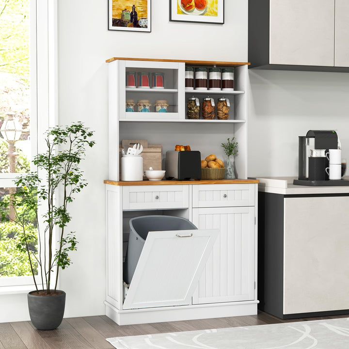 Giantex 68” Tall Kitchen Pantry, Buffet Hutch w/Tilt Out Trash Can Storage Cabinet, 2 Drawer, Shelves
