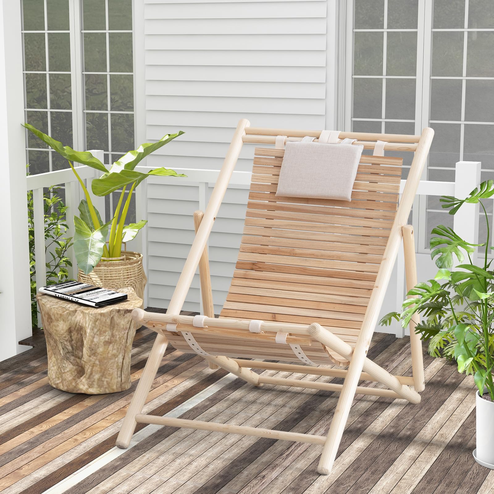 Giantex Wood Lounge Chair Outdoor - Folding Beach Chair with Detachable Headrest