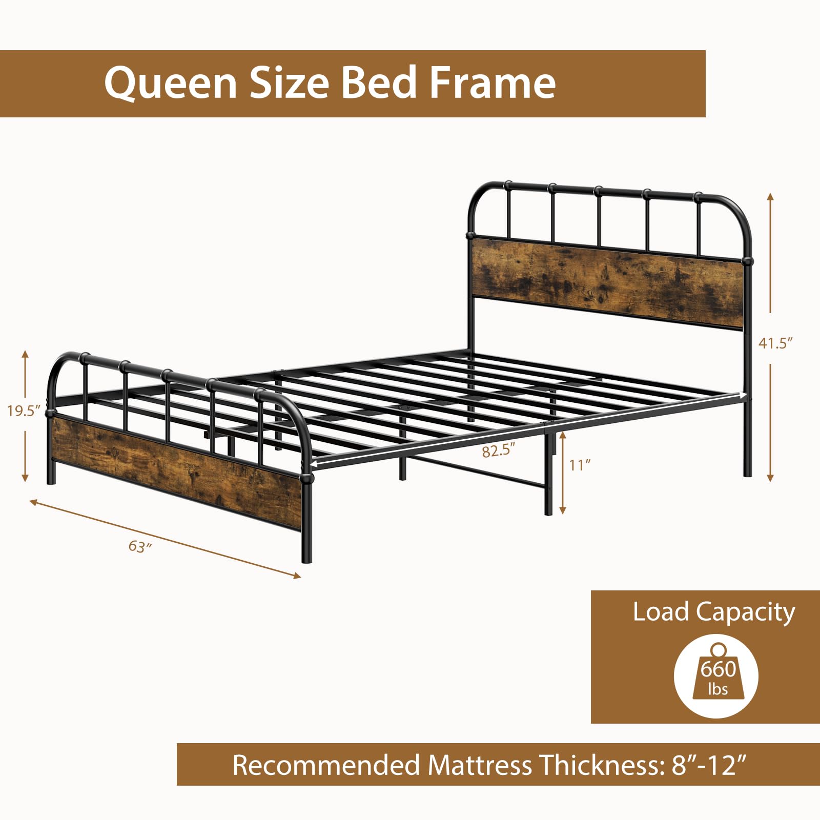 Giantex Queen Size Metal Bed Frame with Wood Headboard, Industrial Platform Bed Frame with Heavy Duty Metal Slat
