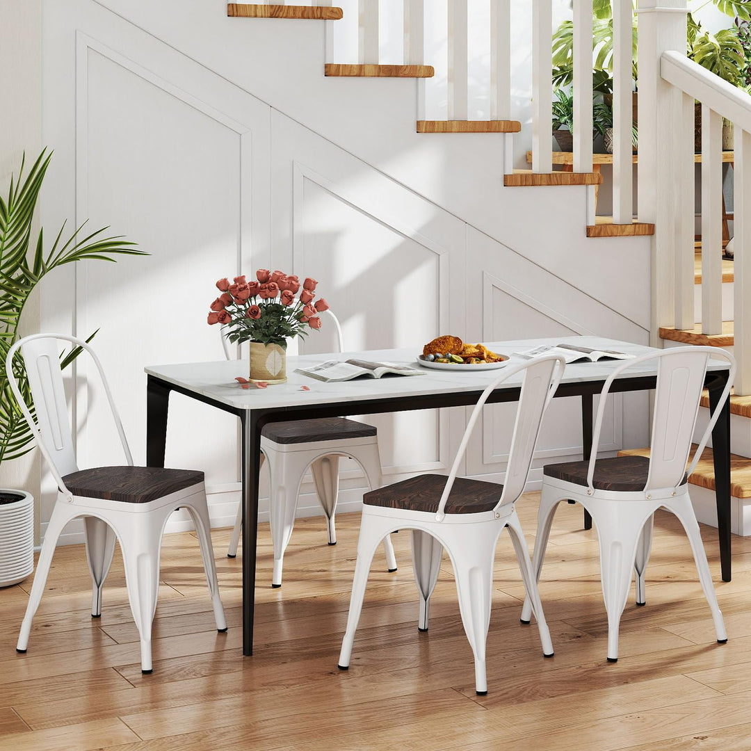 Giantex Metal Dining Chairs Set of 4 Stackable Armless Kitchen Chairs w/Elm Wood Seat