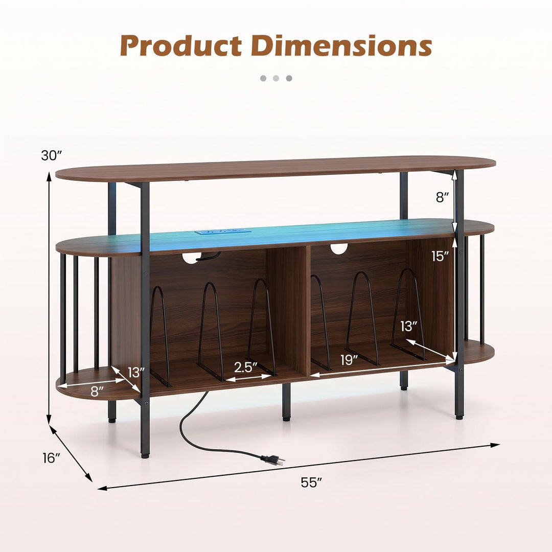 GIANTEX 3-Tier 55" Record Player Stand with LED Lights &amp; Power Outlets