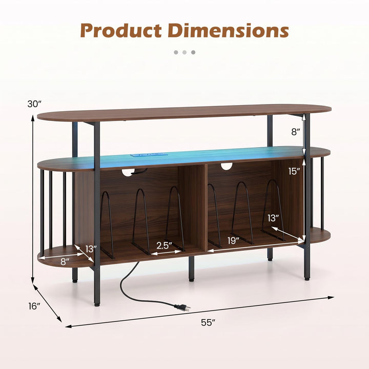 GIANTEX 3-Tier 55" Record Player Stand with LED Lights &amp; Power Outlets