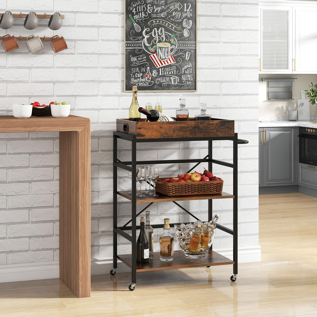 Giantex Rolling Bar Cart, 3-Tier Serving Cart with Removable Tray, 4 Lockable Universal Casters