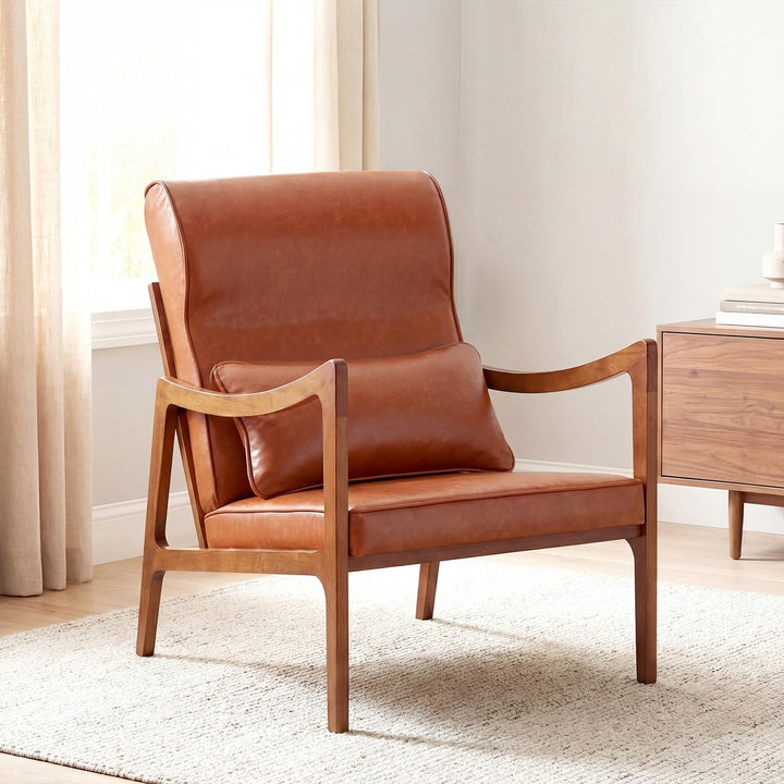 Giantex Faux Leather Upholstered Armchair with Lumbar Pillow for Living Room &amp; Bedroom