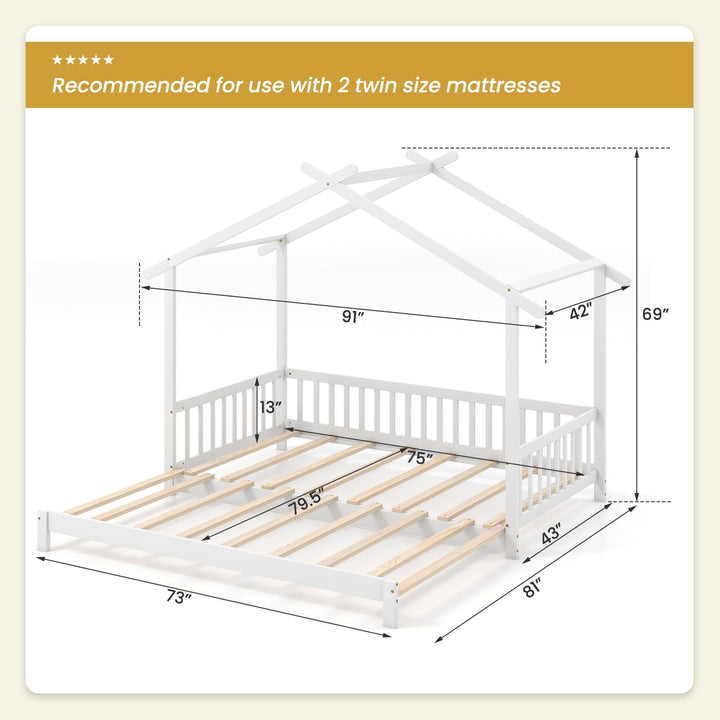 Giantex Extendable House Bed for Kids, Twin to King Daybed with Roof & Fence Rails, Wood Kids Bed Frame for Teens