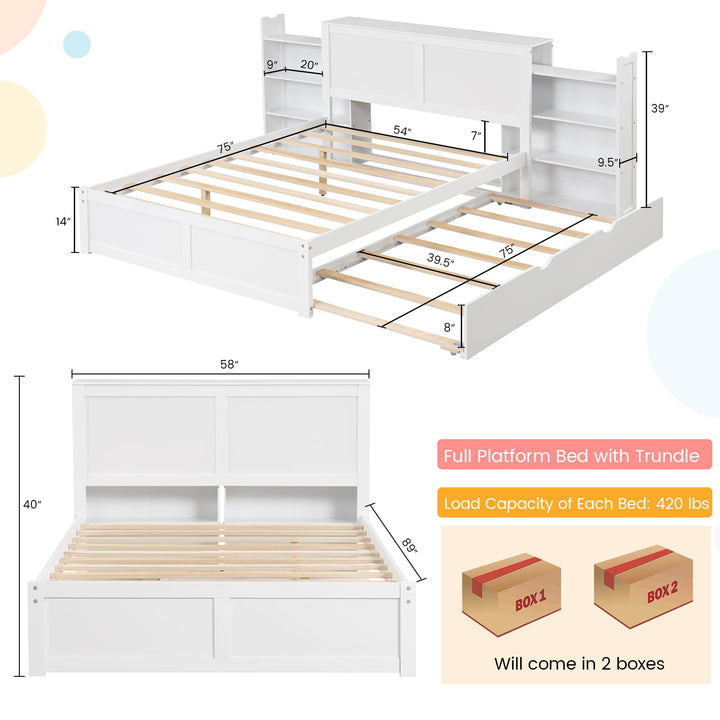 Giantex Full Bed Frame with Twin Trundle, Wooden Bed Wooden Bed Frame with 2 Rolling Bookcases & High Headboard