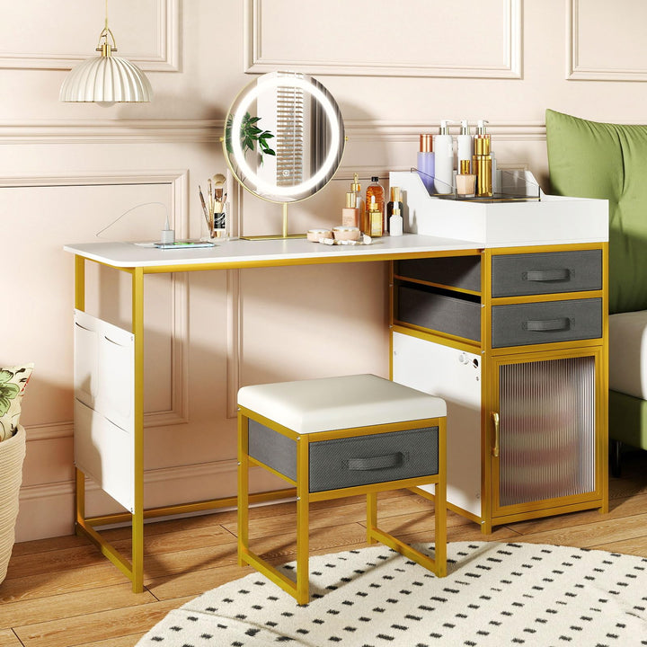 CHARMAID 55'' Vanity Desk with LED Mirror & Lighted Fluted Cabinet