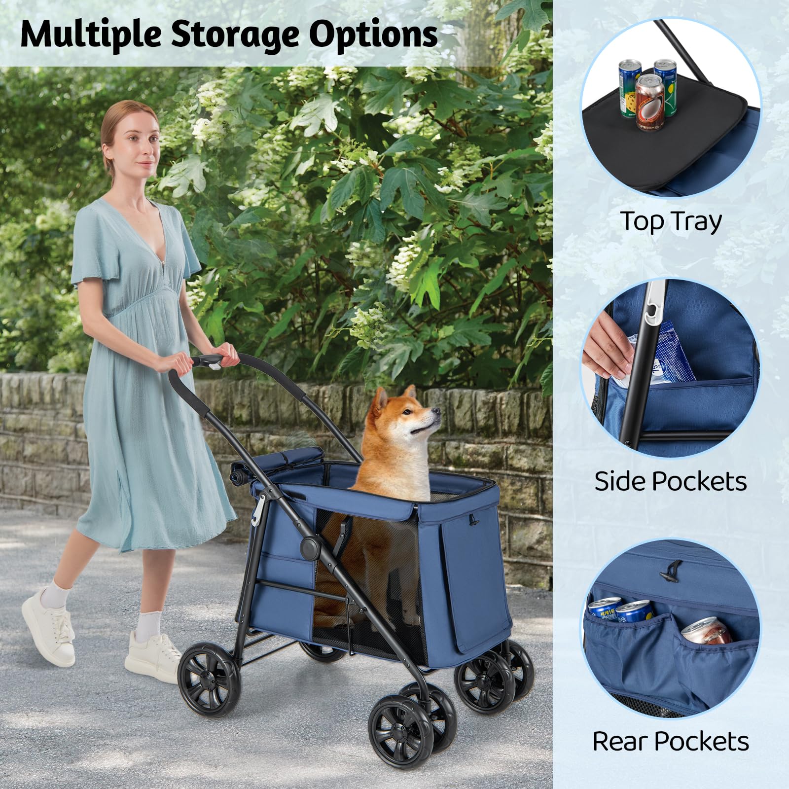 Giantex Dog Stroller, One-Button Folding Pet Stroller with 3 Entrances, 4 Shock-Absorbing Wheels