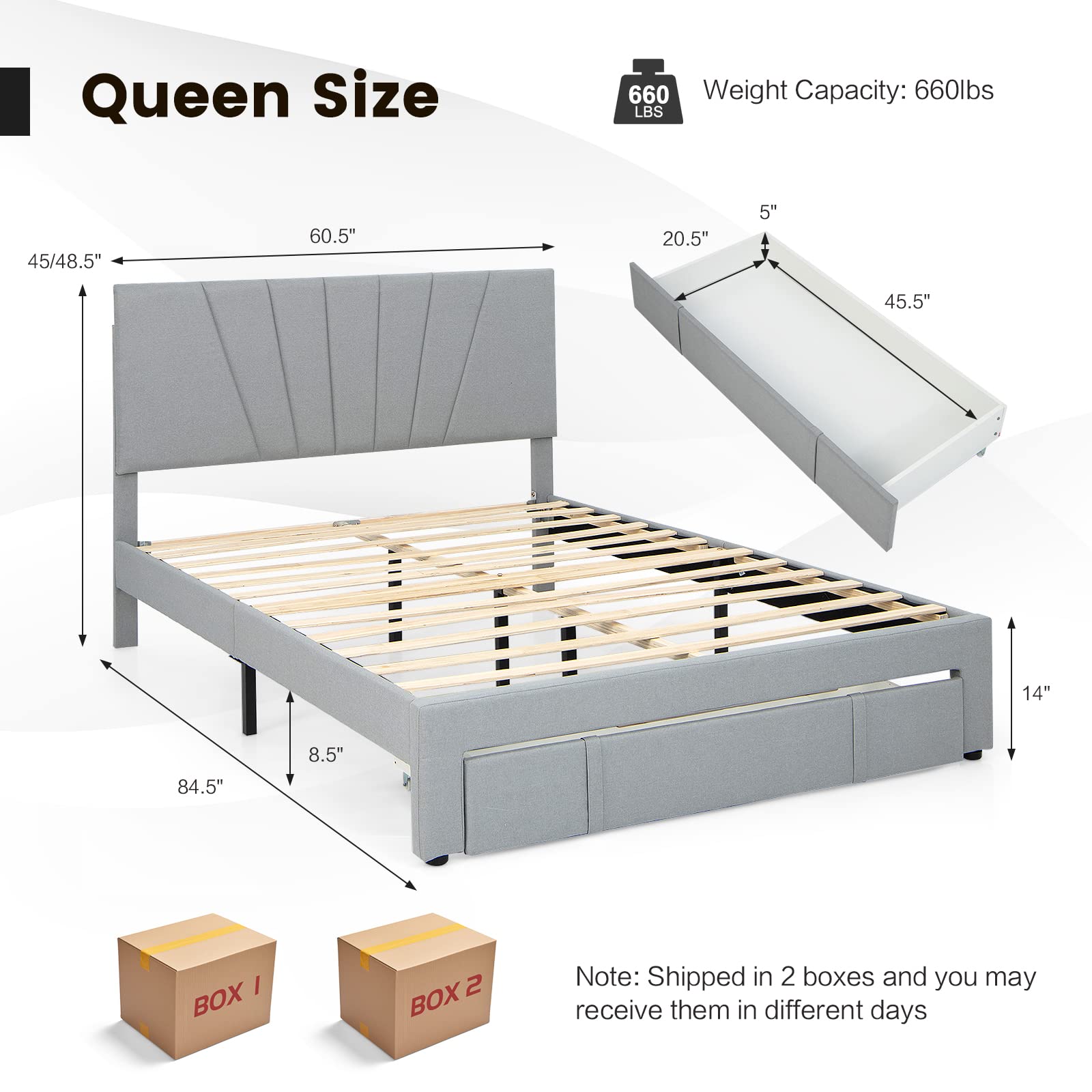 Giantex Upholstered Queen Bed Frame with Drawer, Modern Platform Bed with Storage & Adjustable Headboard