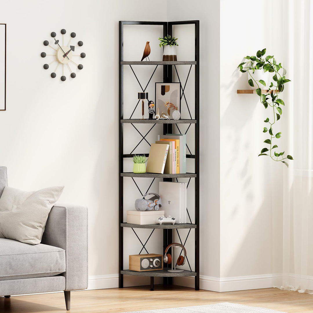 Giantex 5-Tier Corner Shelf, 63" Tall Corner Bookshelf, Freestanding Storage Rack w/Metal Frame